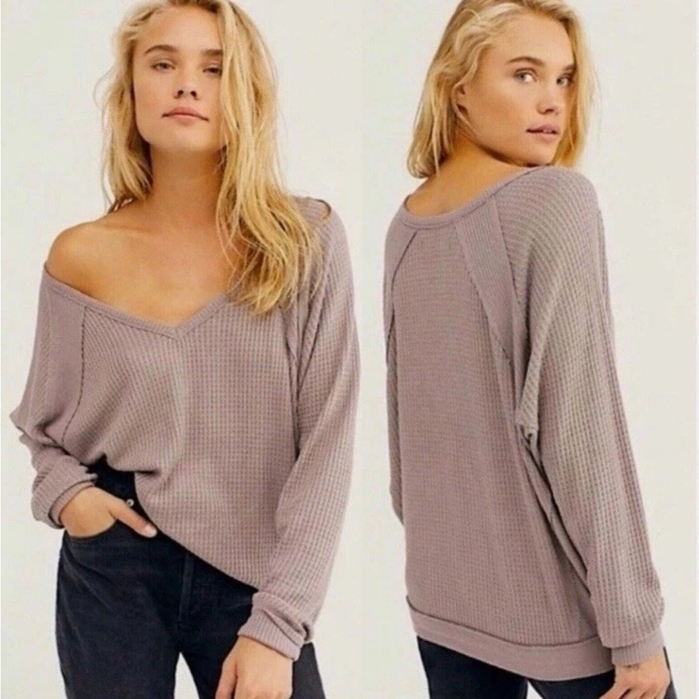 We The Free People Santa Clara V-neck Thermal Top S Oversized Gray Lavender Boho